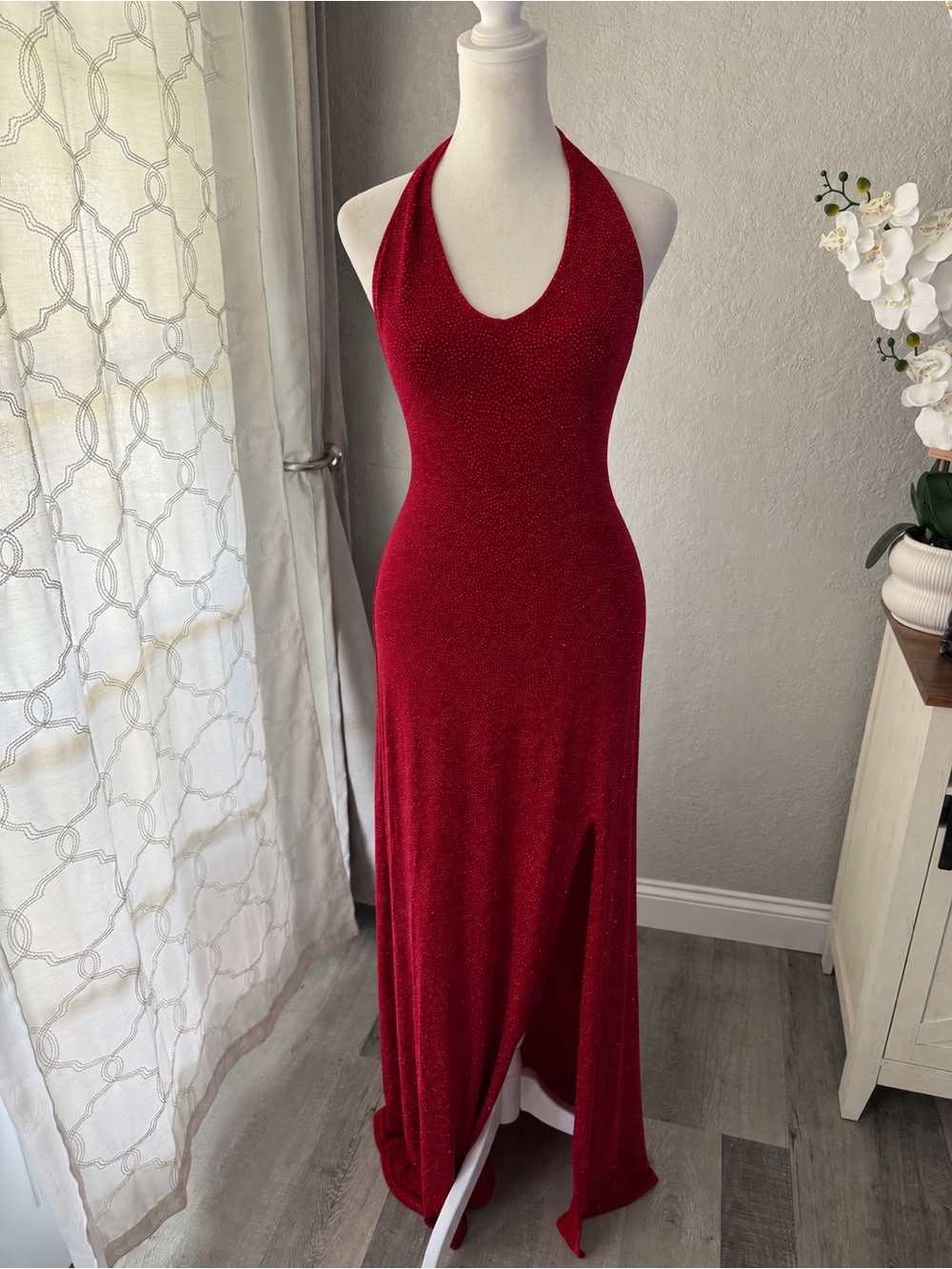 Sparkly Red Halter Neck Maxi Dress with Slit